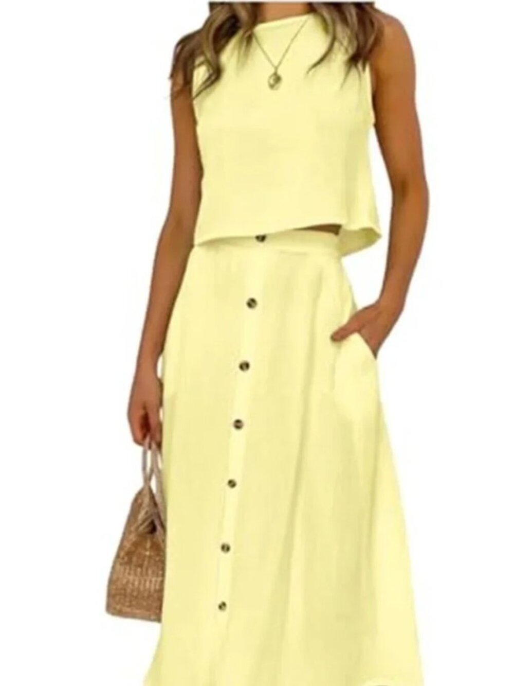 Yellow Two Piece Crop Top Button Maxi Skirt Set Size S